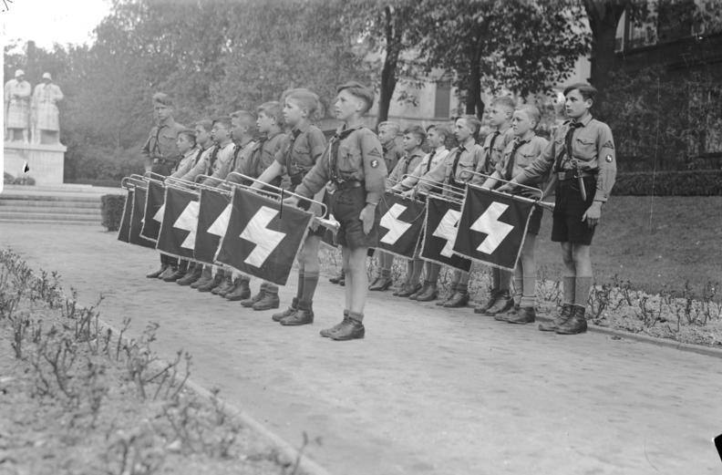 Hitler Youth members standing in formation, Worms, Germany, 1930s.