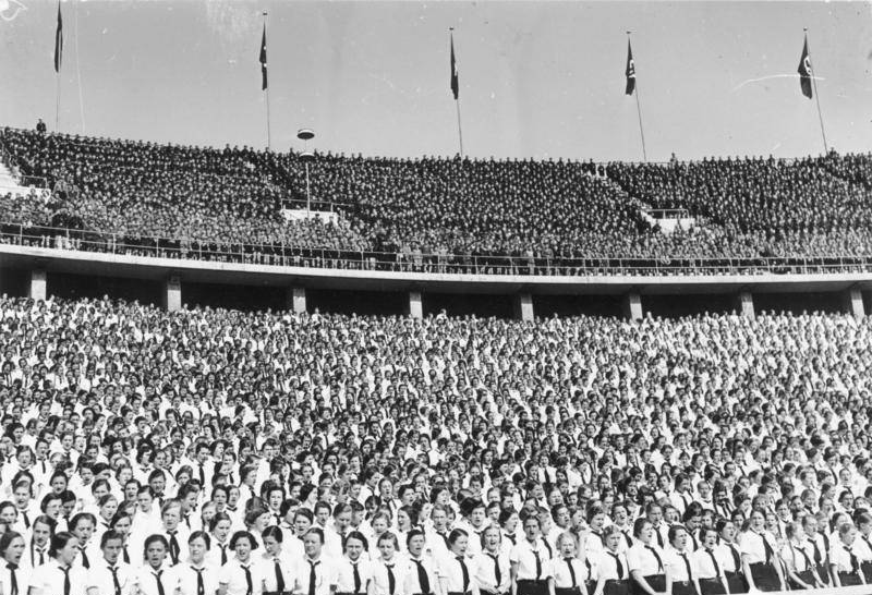 Nazi Party youth organization members at the Berlin Olympic Stadium, Germany, 1 May 1937.