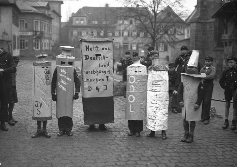 Hitler Youth members in an event to encourage the recycling of tin tubes and foil, Worms, Germany, 1938.