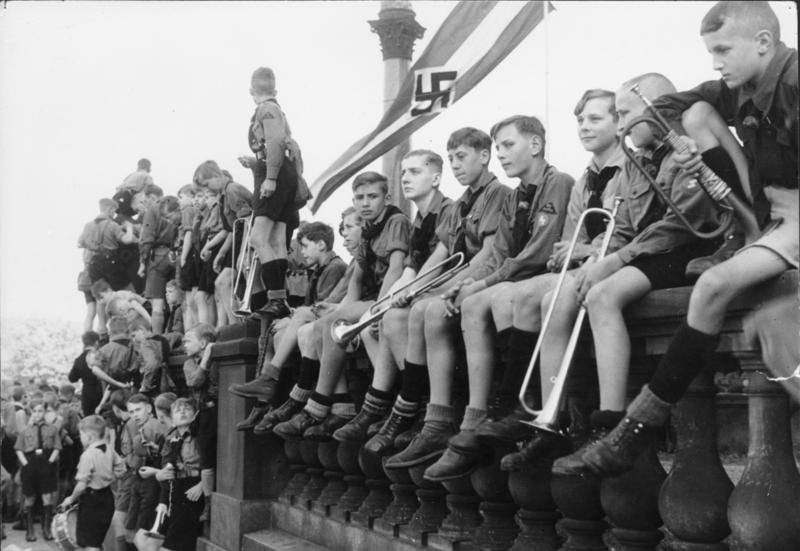 A Hitler Youth marching band resting near Lustgarten, Berlin, 1 May 1933.