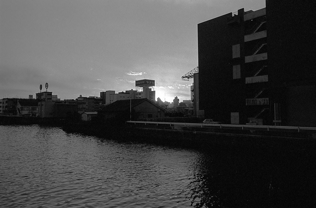 Sunset of Keihin Canal around Hamamatsu-cho, Minato City, Tokyo Metropolis, Japan. 1980.