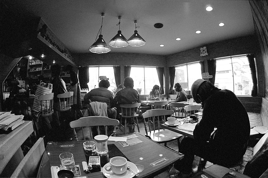 Coffee shop around Metro Nakano-sakaue Station, Tokyo Metropolis, Japan. 1980.