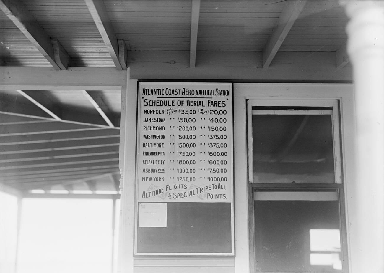 Atlantic Coast Aero-Nautical Station - Schedule of Aerial Fares, Early Venture In Passenger Carrying By Air, USA, 1915.