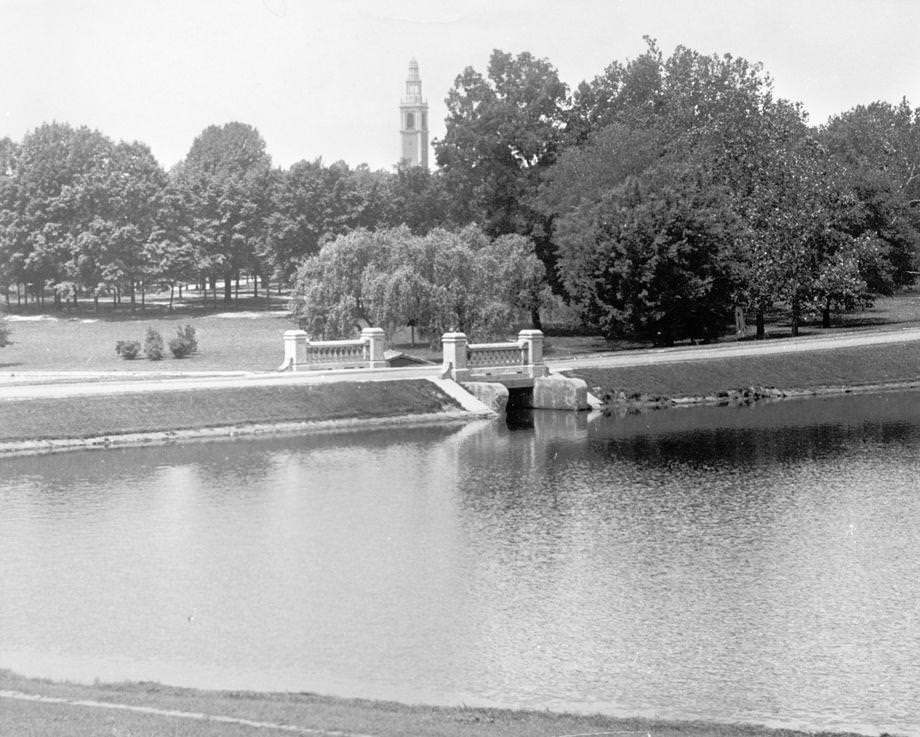 The Carillon in Byrd Park as seen from across Swan Lake, 1936.