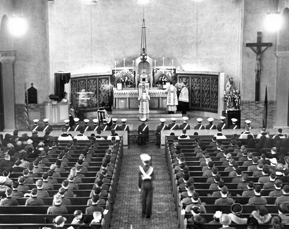 A military high Mass was celebrated at St. Benedict’s Catholic Church in Richmond, with Benedictine High School cadets acting as a military escort, 1938.