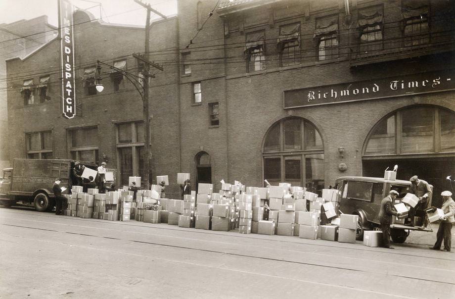 Boxes of donations secured through the Richmond Times-Dispatch’s Good Fellows Club were piled outside the newspaper building, 1932.