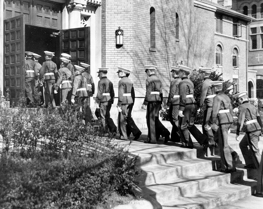 Benedictine High School cadets filed in and served as escorts at a military high Mass at St. Benedict’s Catholic Church in Richmond, 1938.