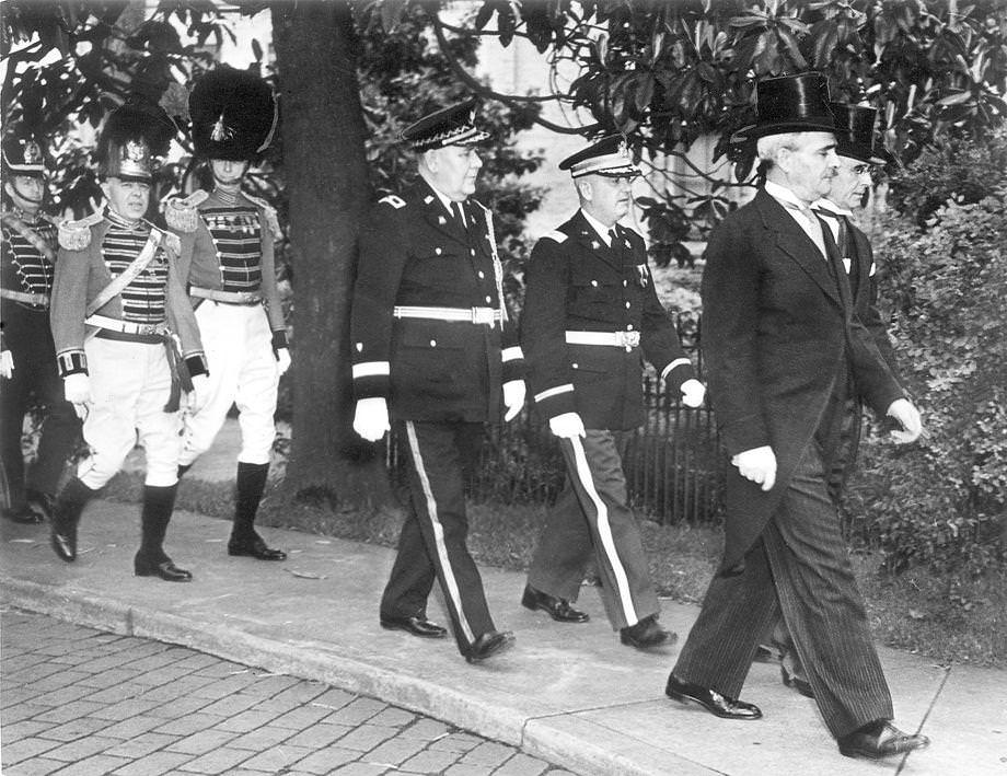 Gov. James H. Price and Richmond Mayor John Fulmer Bright, followed by officers of the Connecticut Governor's Foot Guard, led the procession to St. Paul's Episcopal Church for the Richmond Light Infantry Blues’ annual memorial service, 1939.