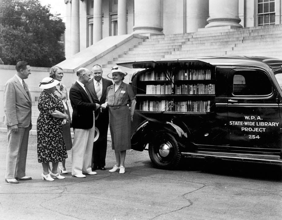 At the state Capitol in Richmond, the first of a planned dozen Chevrolet bookmobile of the Statewide Library Project was put into service, 1939.