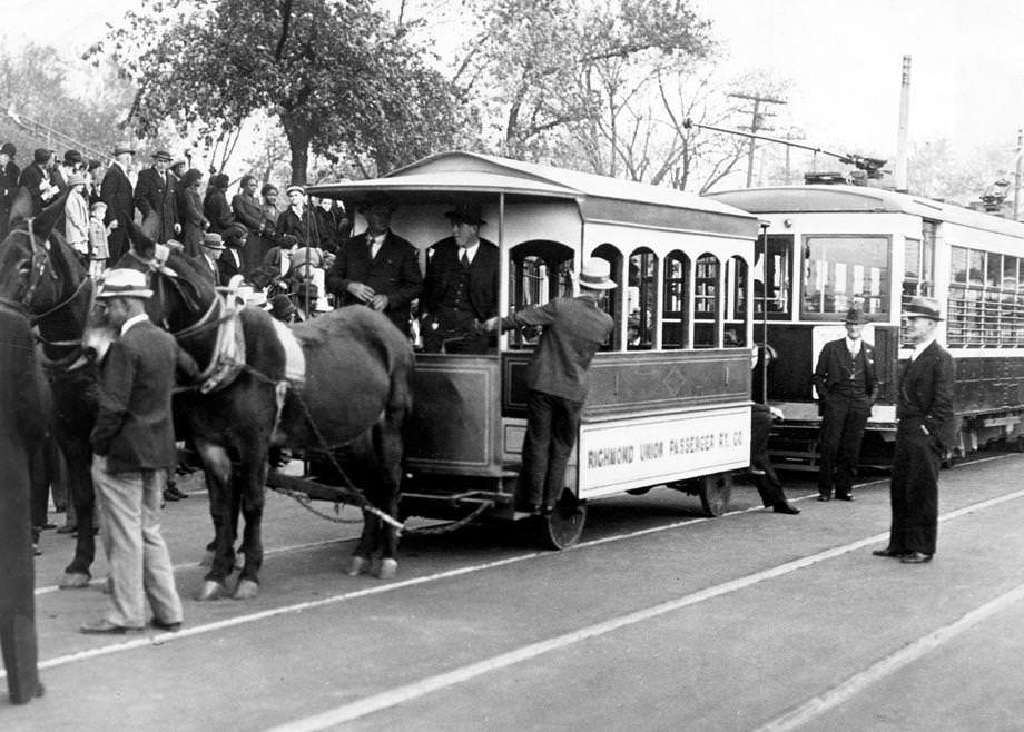A reproduction of a mule-drawn trolley was the first vehicle to cross the newly restored Marshall Street Viaduct in Richmond, 1934.