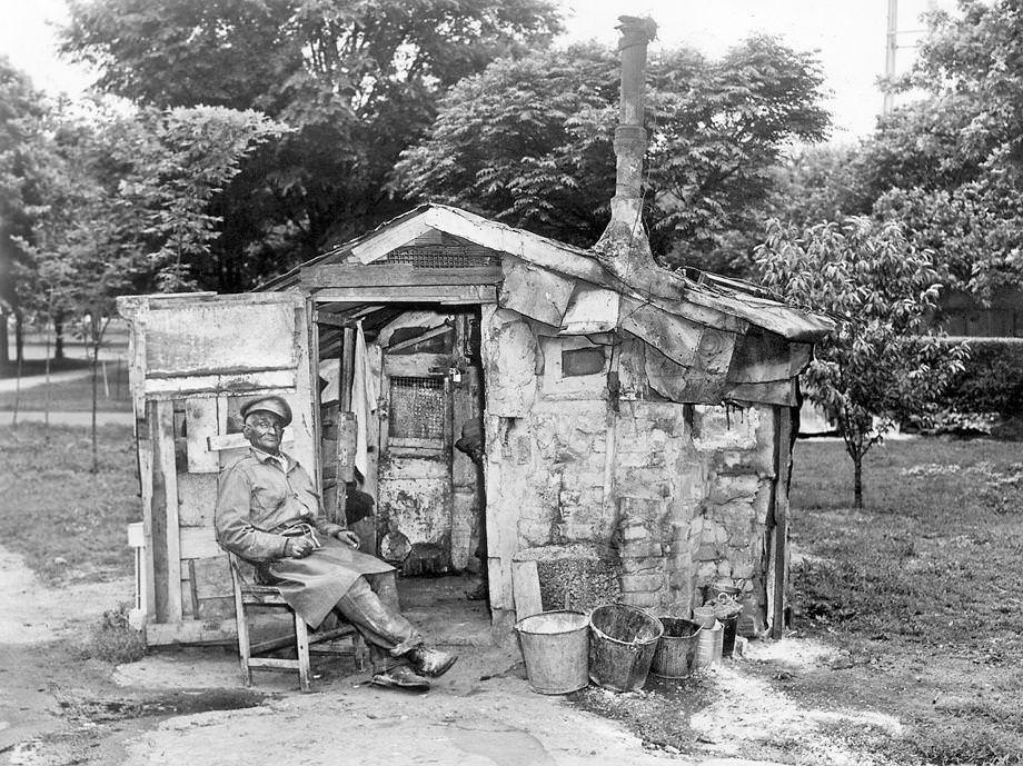“The Soldier,” as many people called the patient of Central State Hospital near Petersburg, sat outside a sentry box he had built on the grounds, 1947.
