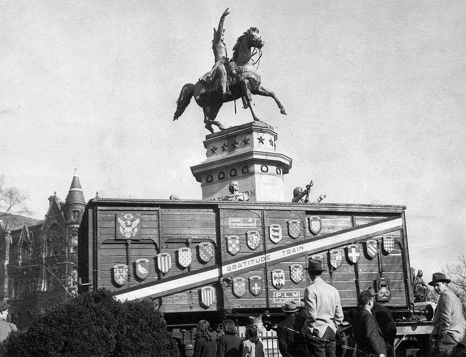 A boxcar from France’s “Merci Train,” loaded with gifts for Virginians, arrived in Richmond, 1949.