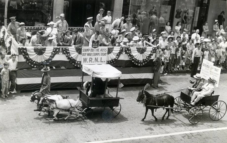 Gas shortages prompted the Retailers for Victory campaign to stage Richmond’s first “gasless parade” to promote the sale of war stamps, which would fund construction of the aircraft carrier Shangri-La, 1943.