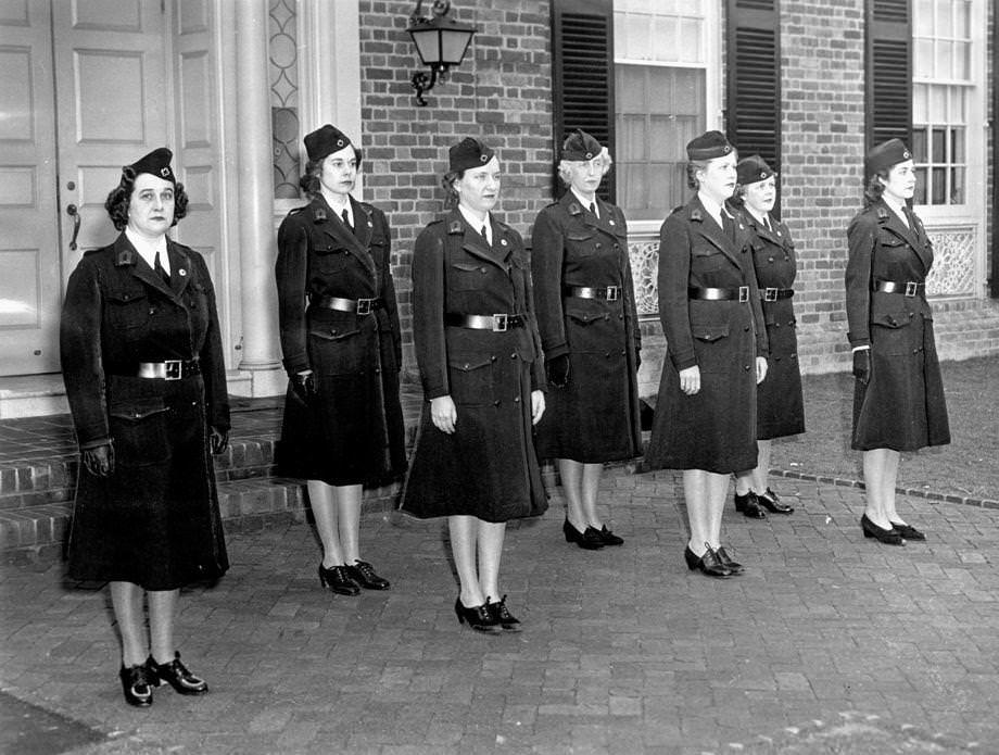 Members of the Henrico Red Cross Motor Corps participated in a test drill in uniform, 1942.