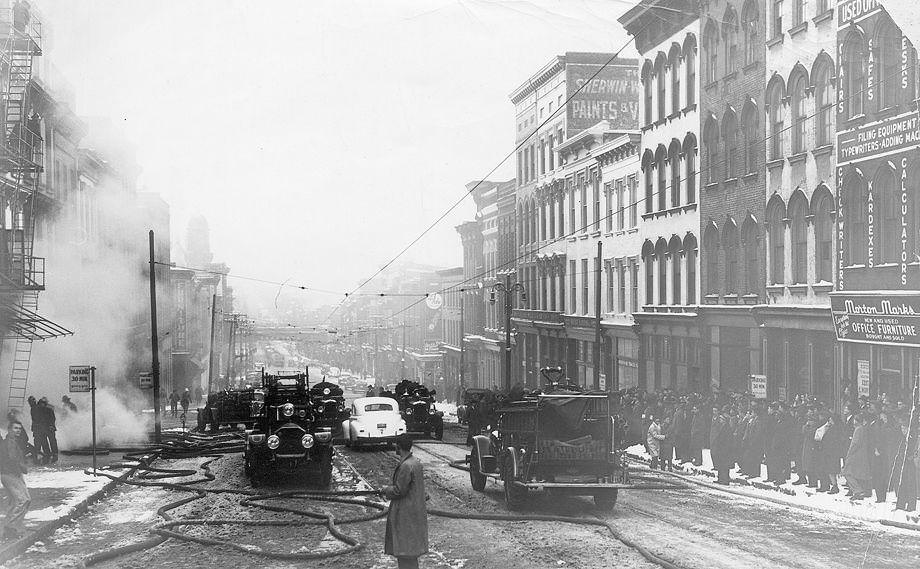 Morton Marks 1217 E Main St. The block at left is between 13 & 14 on East Main St & looking East on Main. Fire, 1943.