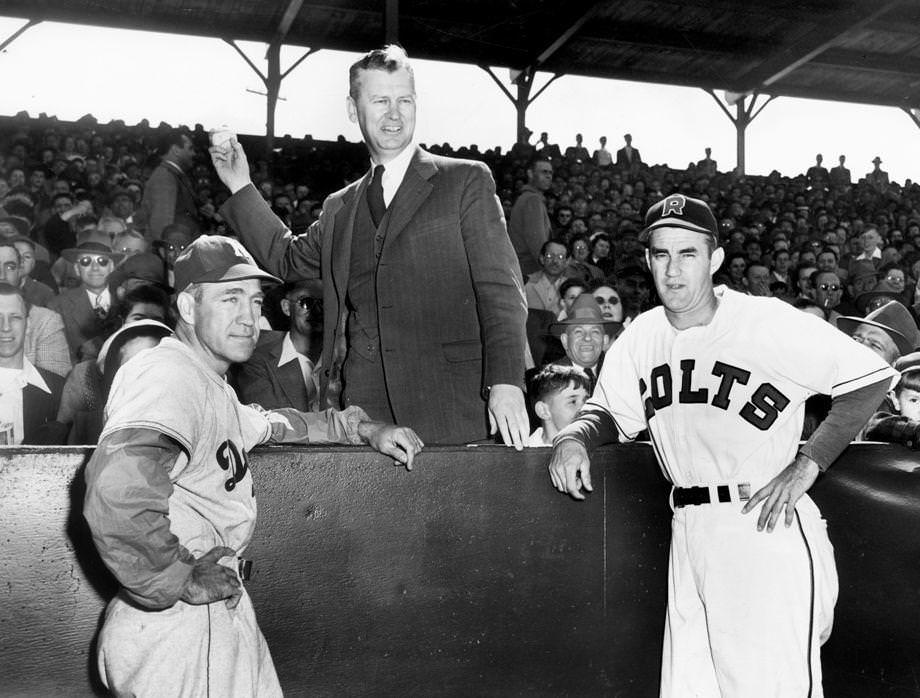 Richmond Mayor W. Stirling King threw out the first pitch at the Richmond Colts home opener at Mooers Field, 1949.