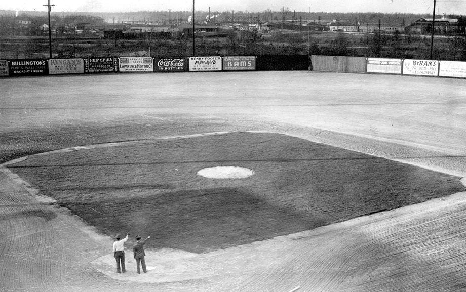 Mooers Field, with grass throughout the infield but dirt beyond, 1946.