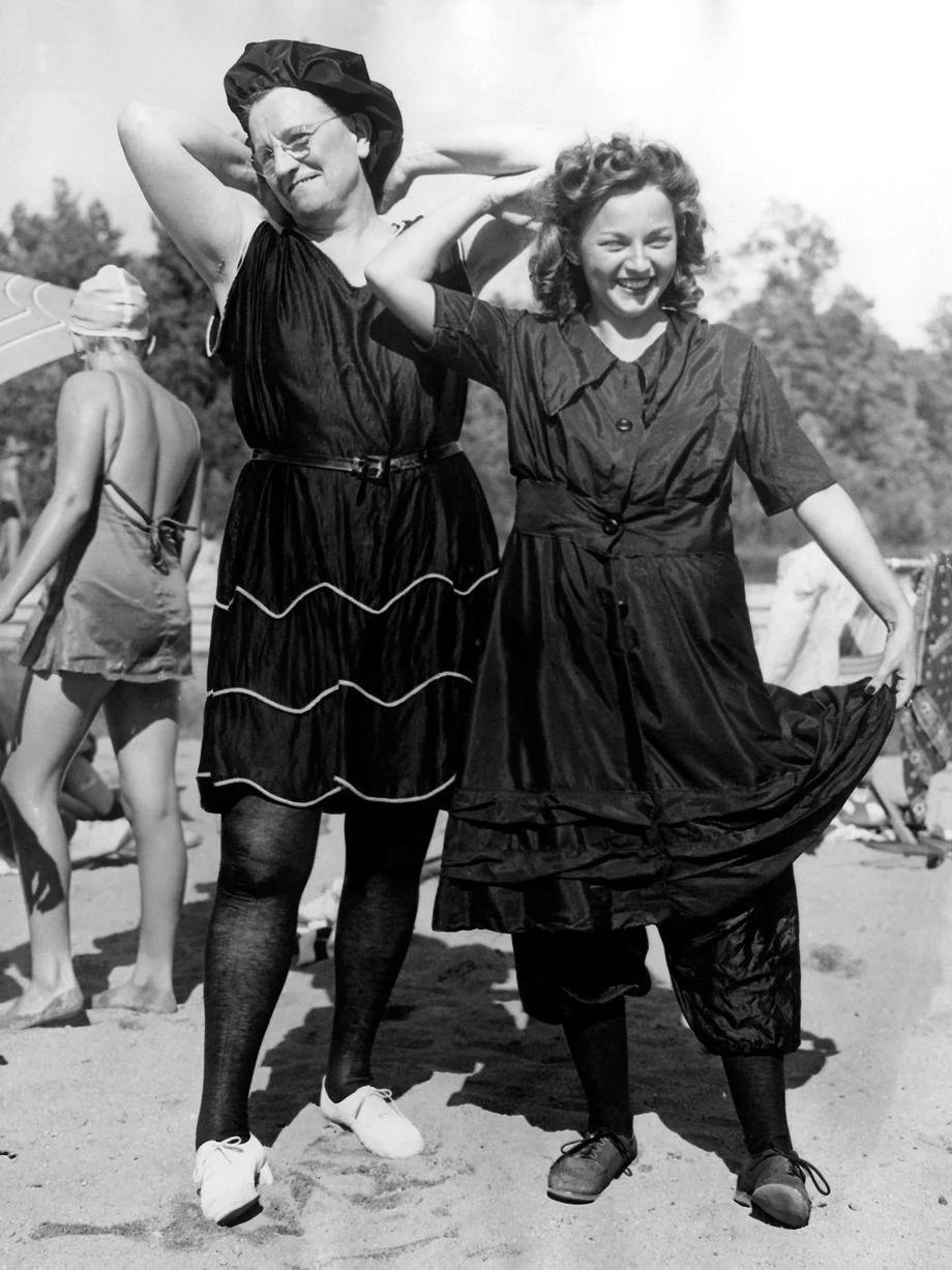 Frances Butler (right) and Mrs. John Gerlach were first- and second-place winners, respectively, of an “old-fashioned swimsuit” contest during an outing for Thalhimers employees at Swift Creek in Chesterfield County, 1941.