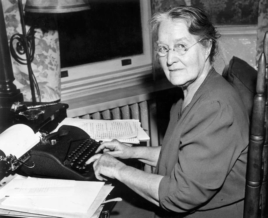 Writer Emma Speed Sampson worked at her desk in her Richmond home, 1942.
