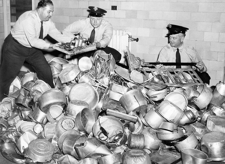 Richmond firefighters (from left) Charles Donnini, I.A. Butler and W.C. Gilman helped collect aluminum from Richmonders, 1941.