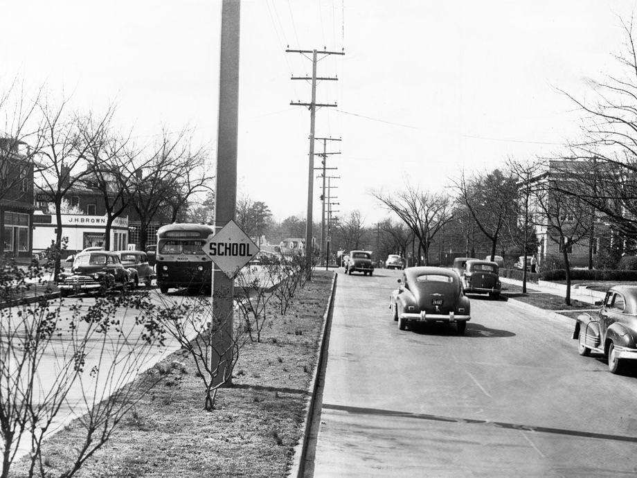 A new sign indicated the nearby Patrick Henry School along Semmes Avenue approaching Forest Hill Avenue in South Richmond, 1949.