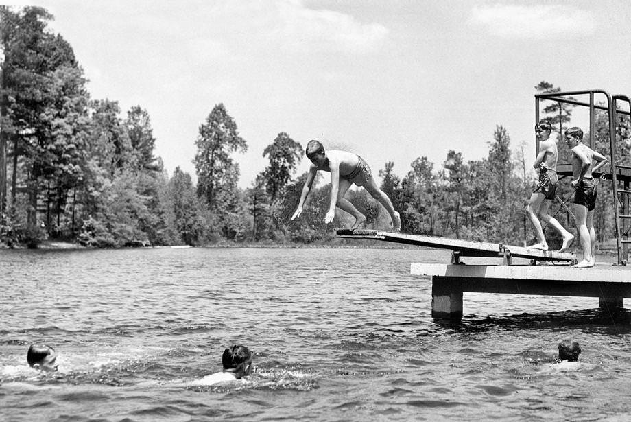 Boy Scouts enjoying the lake at Camp Shawondasee in Chesterfield County, 1948.