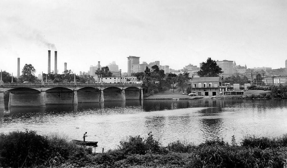 The Richmond skyline was published in the Richmond News Leader as a comparison with a sketch of the same skyline that was published in 1901 in the Evening Leader, 1947.