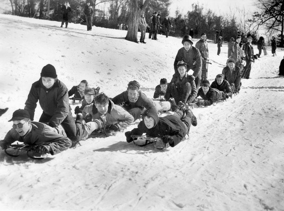 Children hit the sleds at Bryan Park in Richmond to take advantage of a snow day, 1947.