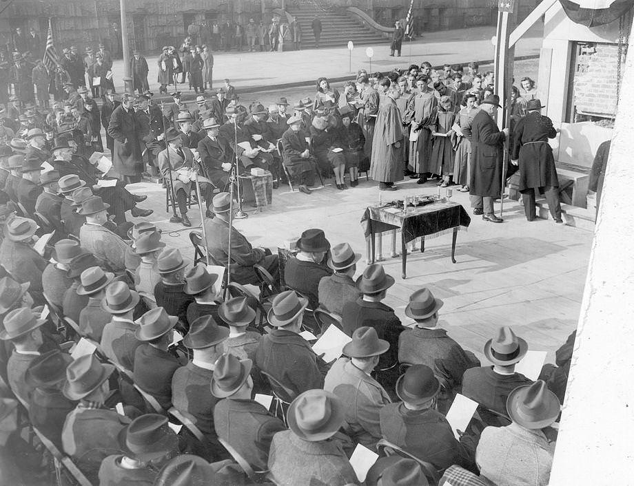 Library's cornerstone laid: Scenes here were snapped as state and city notables gathered yesterday for cornerstone-laying ceremonies at the new State Library Building, 1940.