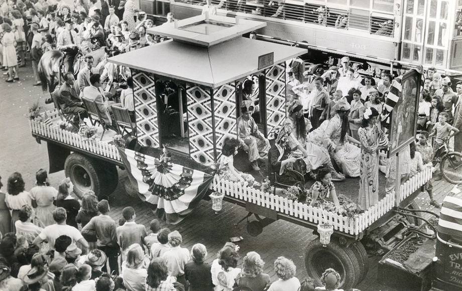 An Allied Victory Day parade was staged by Richmond's Chinese population and visiting Chinese residents from other cities, 1945.