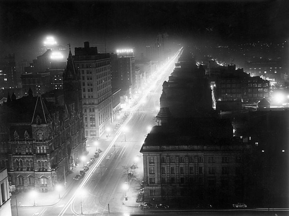A blackout test during World War II – in case enemy aircraft flew over the city – darkened the interior of many buildings in downtown Richmond, 1942.