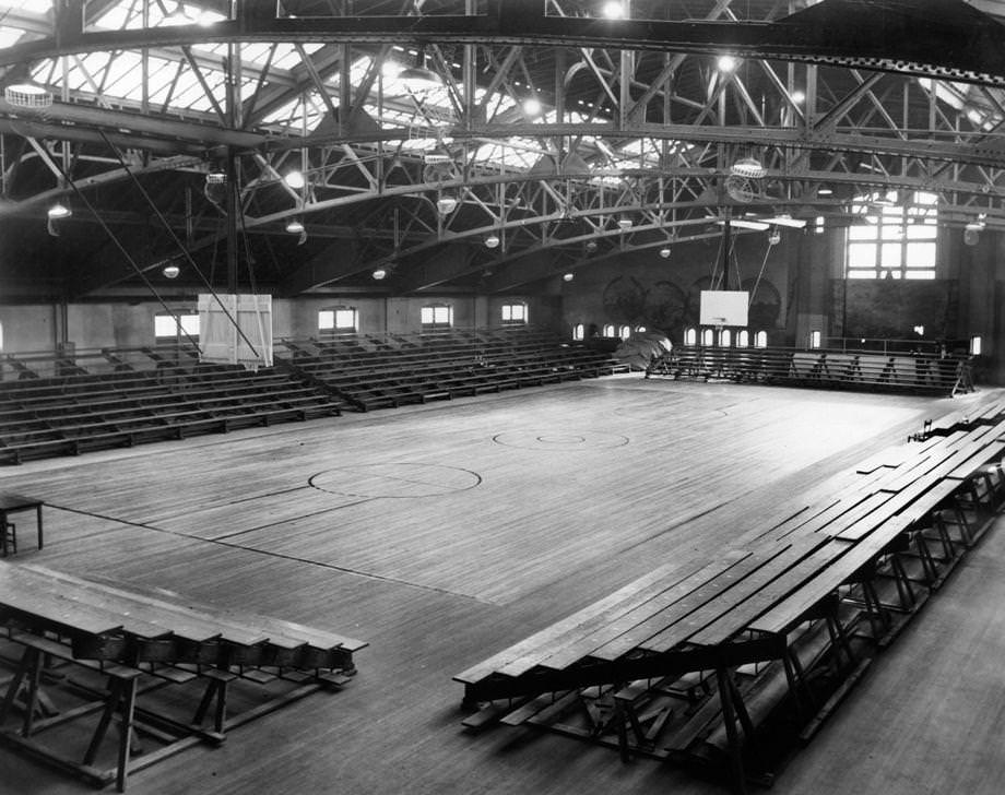 A newly renovated basketball court, plus improved lighting and expanded seating, awaited action at the Blues Armory at Sixth and Marshall streets in downtown Richmond, 1947.