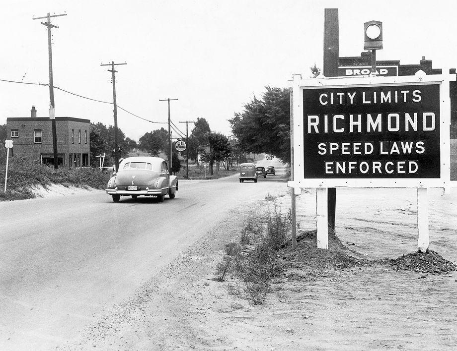 Richmond officials put up warning signs near the city limits on West Broad Street to limit speeding, which was a top traffic concern at the time, 1947.