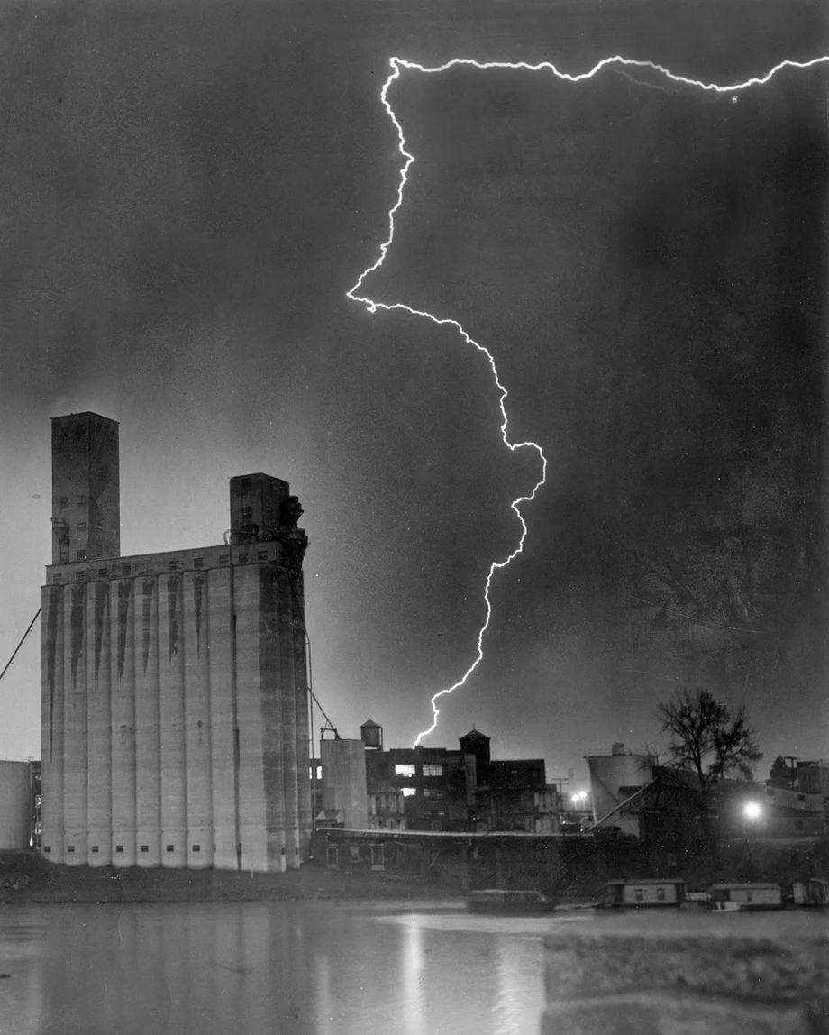 Lightning flashed over South Richmond during a storm that brought heavy rain and stiff wind to the city, 1953.