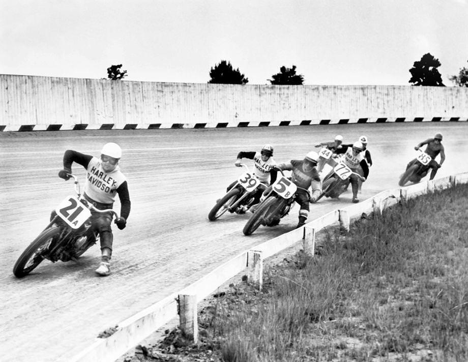 Motorcyclists raced in the 10-Mile National Motorcycle Championship at the Atlantic Rural Exposition grounds in Henrico County, 1950.