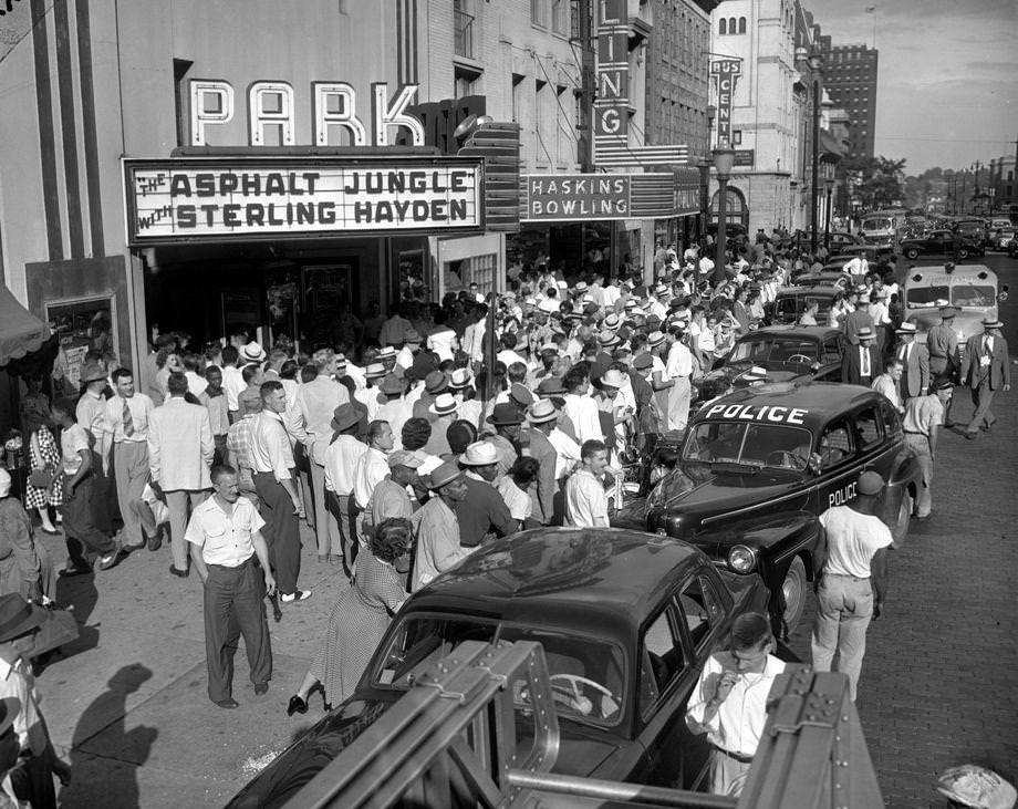 Part of the ceiling of the Park Theater at 810 E. Broad St. collapsed during a showing, injuring 17, 1954.