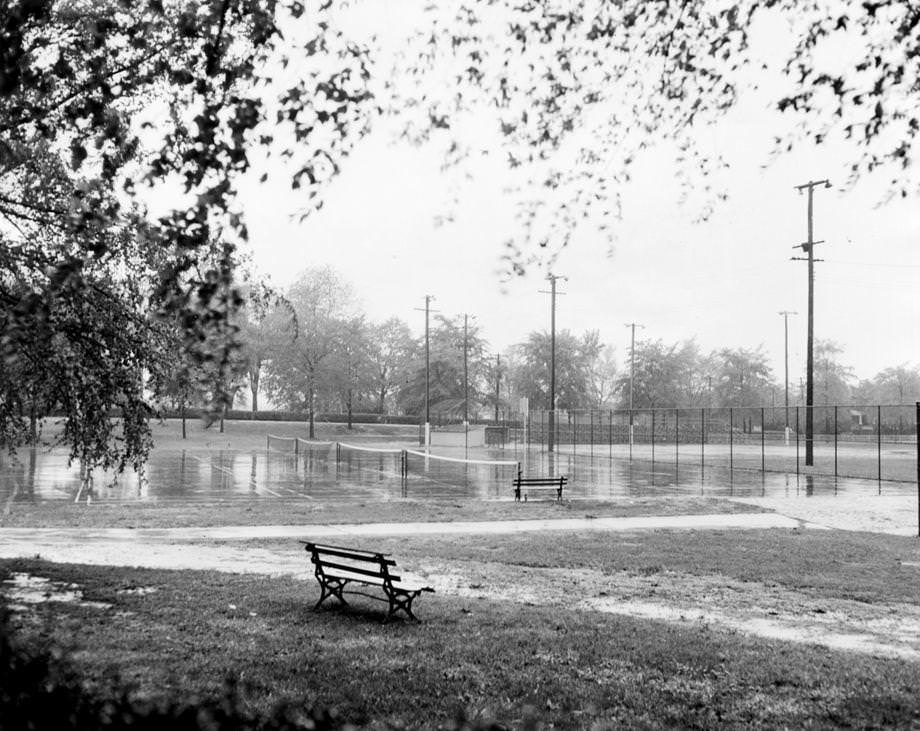 No players were in sight at the Byrd Park tennis courts, 1950.