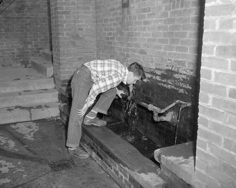 A visitor drinking the natural spring water from a fountain at South Richmond’s Fonticello Park, also known as Carter Jones Park, 1950.