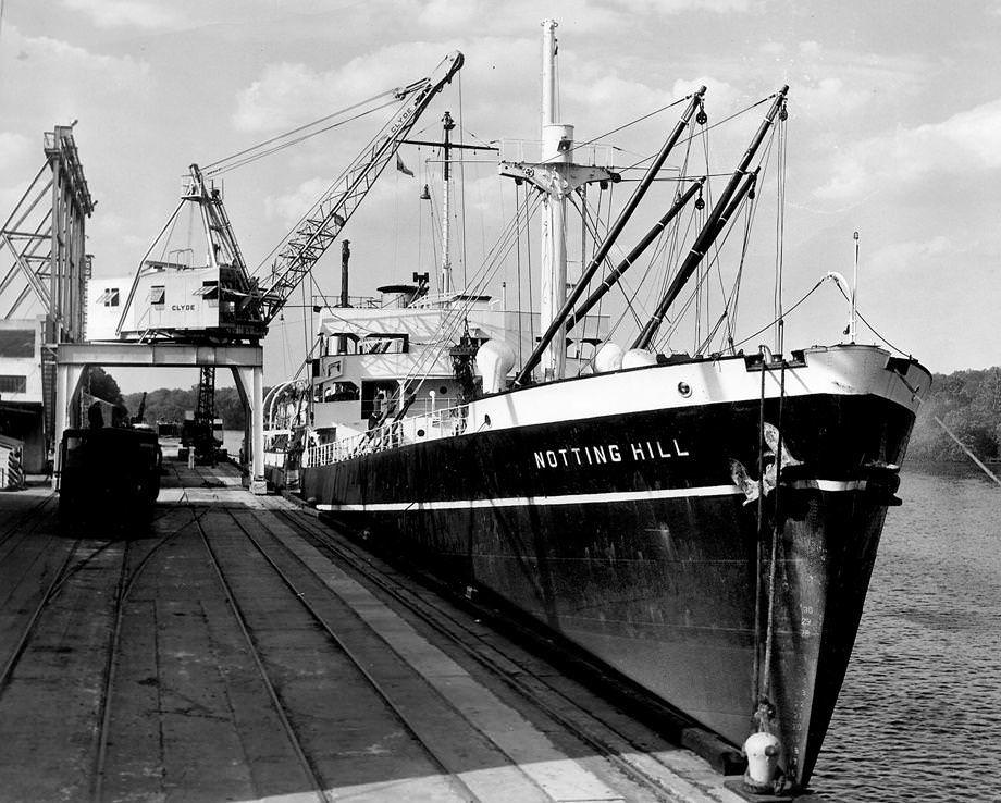 The Canadian ship Notting Hill was docked at Richmond’s Deepwater Terminal on the James River, 1954.