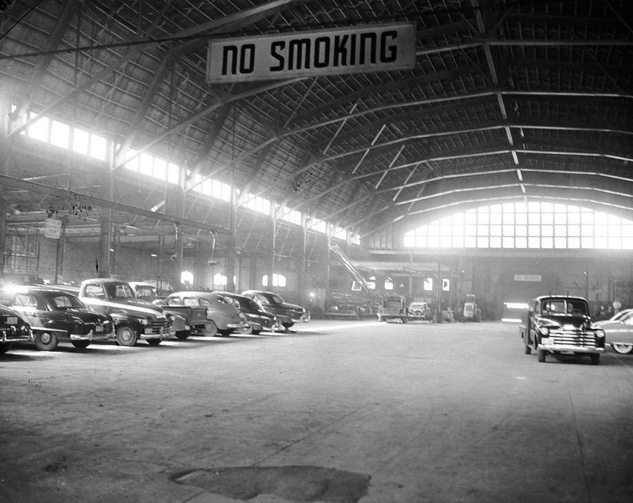 The interior of the City Garage at the old fairgrounds property near Parker Field, 1951.