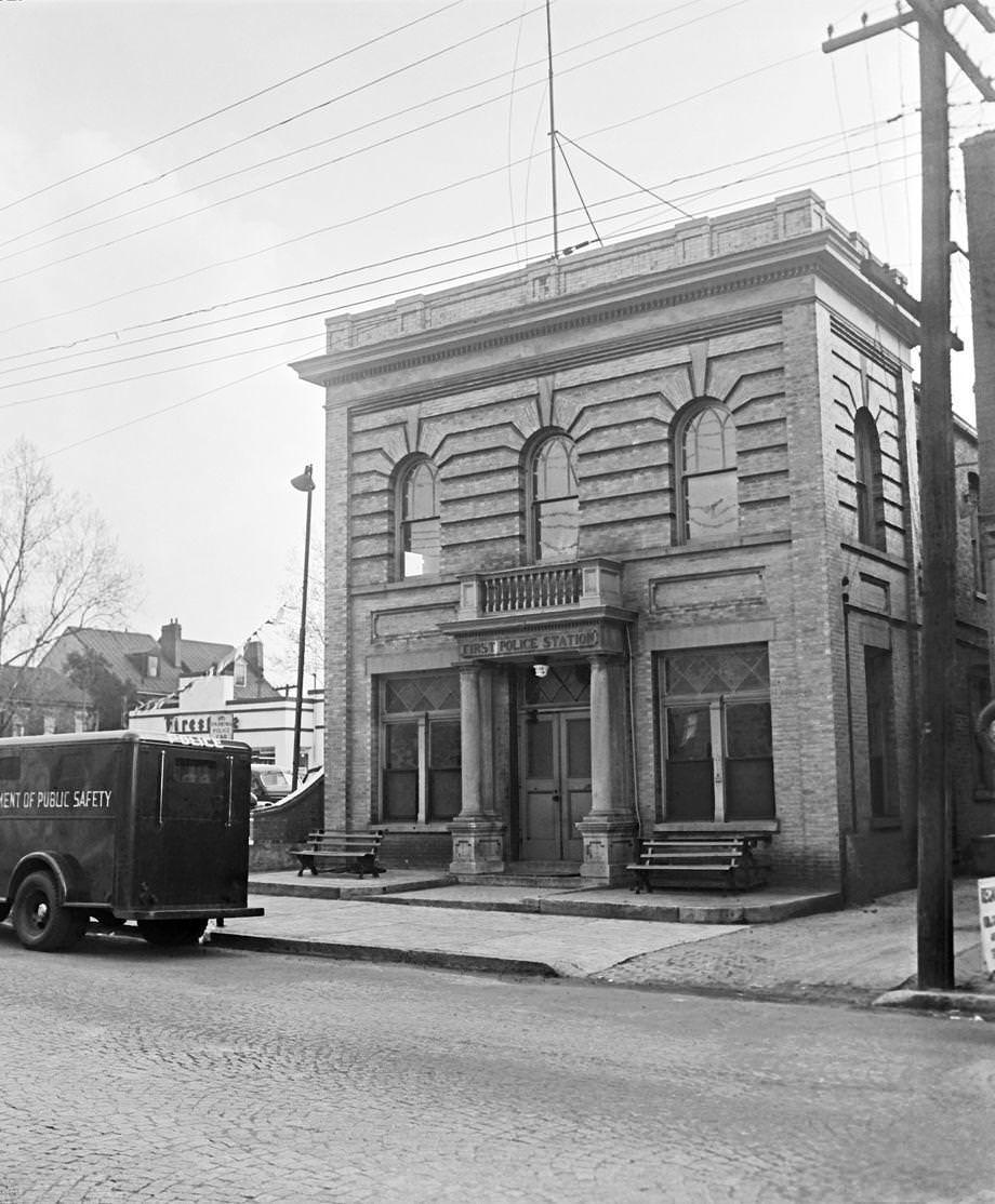 The 1st Precinct police station at 17th and East Broad streets faced an uncertain future after the decision to consolidate it with the 2nd Precinct station on Marshall Street, 1951.