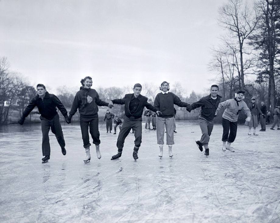 The Staples Mill Pond froze, giving people the chance to dust off their ice skates and have some fun, 1951. The pond was a popular ice-skating spot whenever it froze.