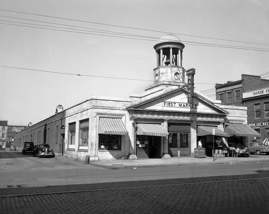 The First Market building, which was razed in 1961. This site now houses the 17th Street Farmers Market, but its history as a public gathering place and market dates to the 1700s, 1953.