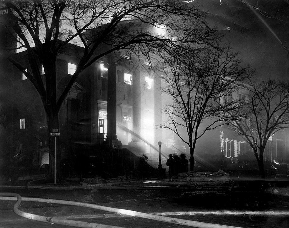 Richmond firefighters battled an early morning blaze at Monument Methodist Church, located at Allen and Park avenues, 1950.