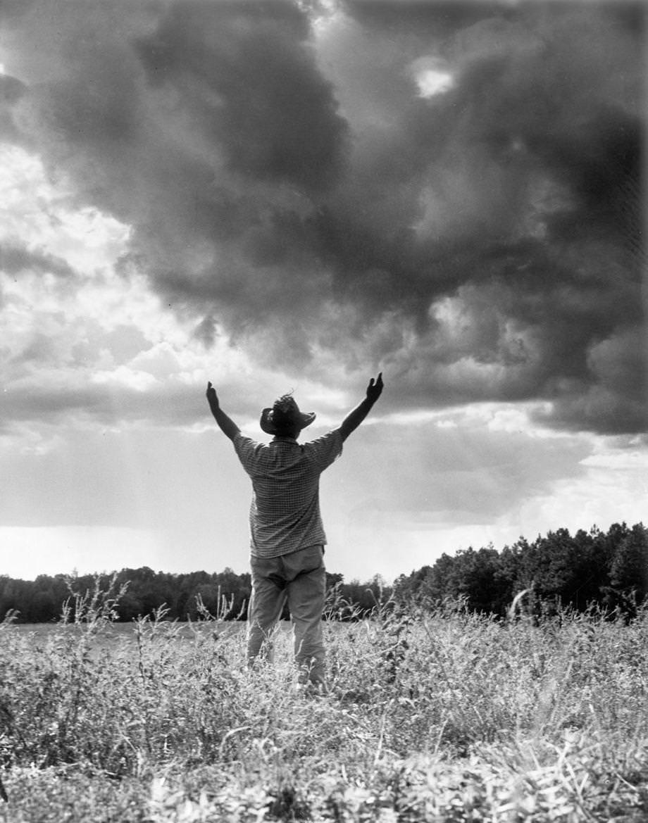 A Chesterfield County farmer welcomed the sight of rain clouds, though they didn’t yield any rain, 1958.