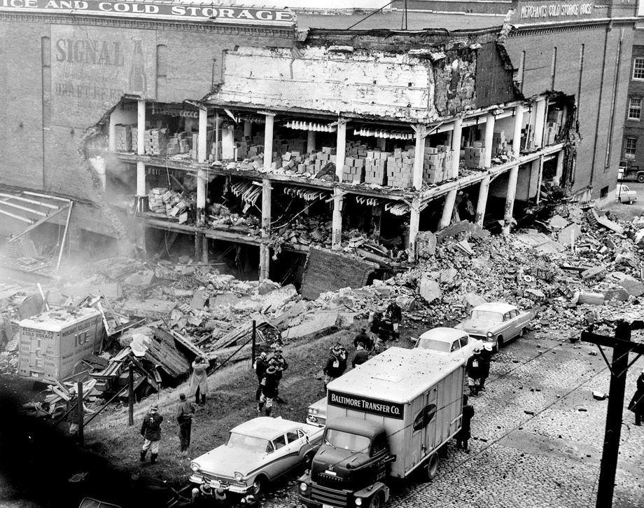 An explosion at Merchants Ice & Cold Storage Co. at Sixth and Byrd streets in downtown Richmond killed seven people and shattered windows up to seven blocks away, 1956.