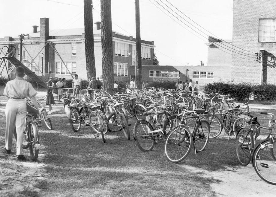 A yard full of bicycles made clear that classes were back in session at Westhampton School in Richmond, 1958.