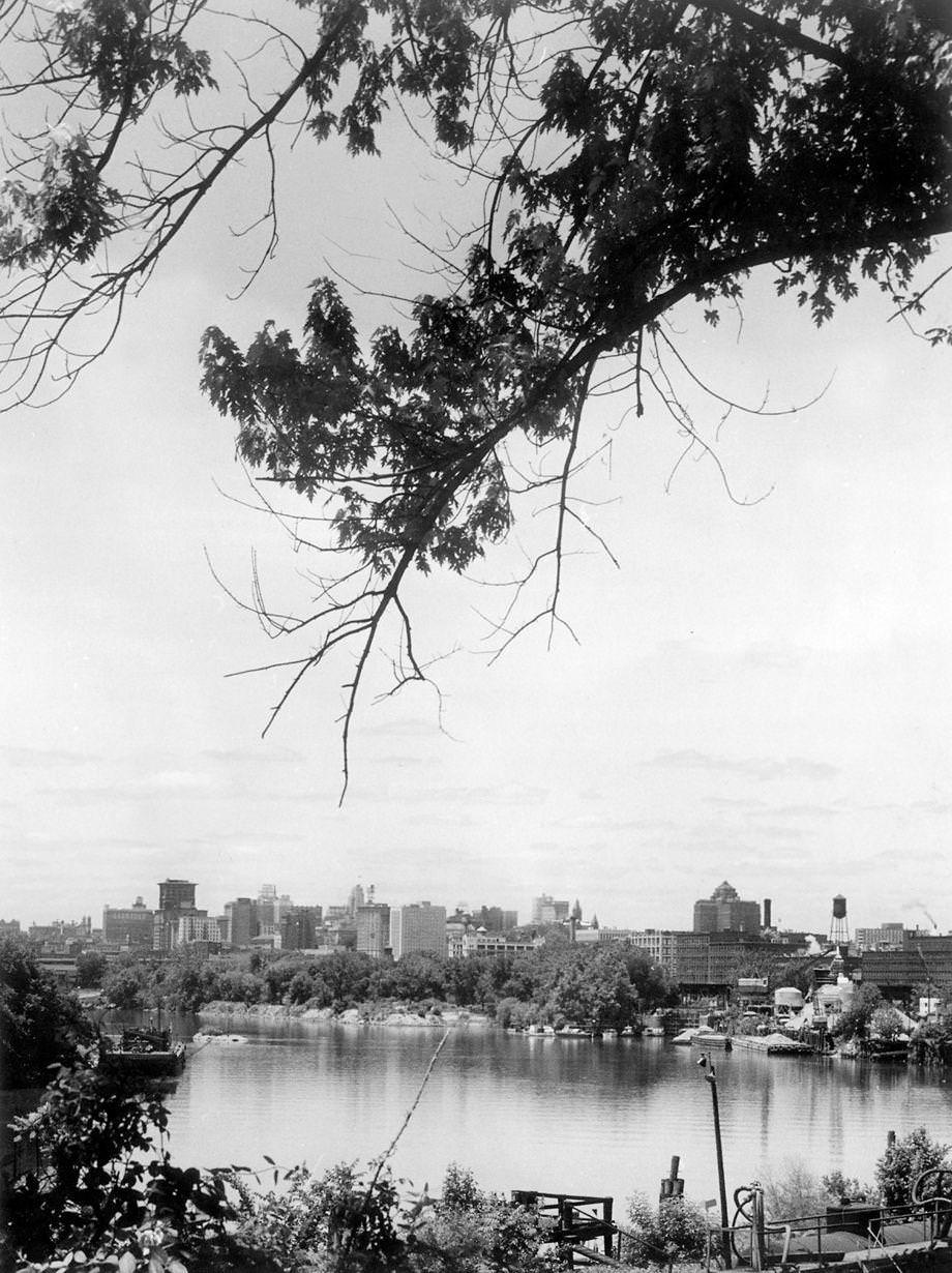 The Richmond skyline from the south bank of the James River, 1959.