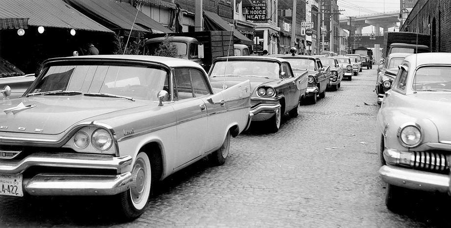 Cars were parked along 17th Street in Richmond looking toward Main Street, 1959.