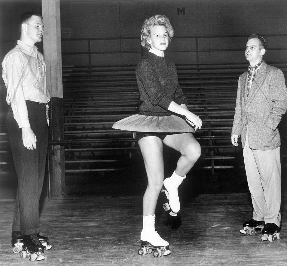 Judy Moss, a Hermitage High School freshman took a spin on roller skates as she practiced her routine at the Arena, a roller-skating rink at Boulevard and Hermitage Road, 1958.